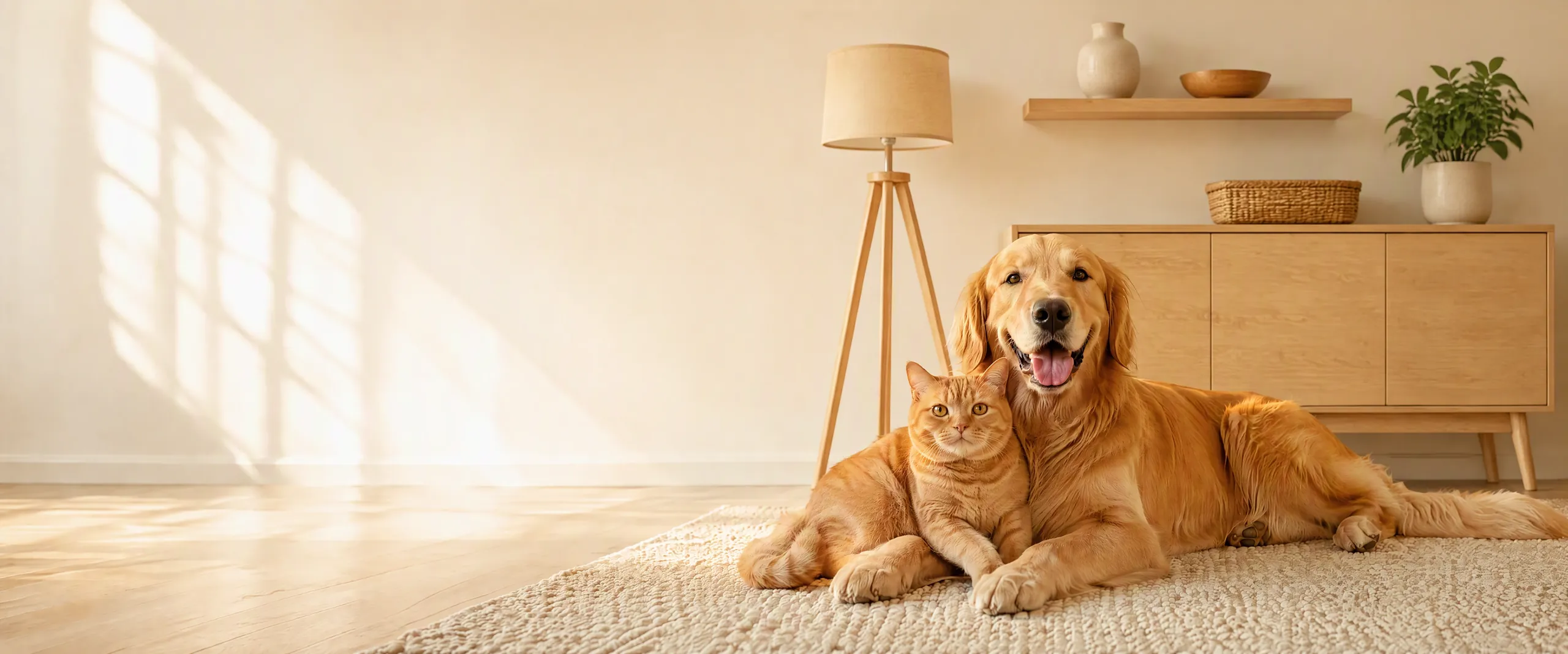 猫与狗依偎在原木家居客厅的地毯上，iPawLink 全新宠物智能系列主视觉